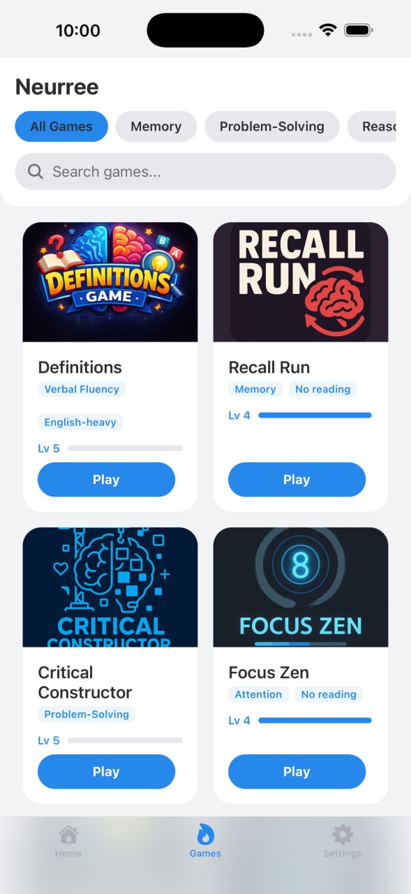Games library filtered by skill, with game levels and labels such as No reading and English-heavy