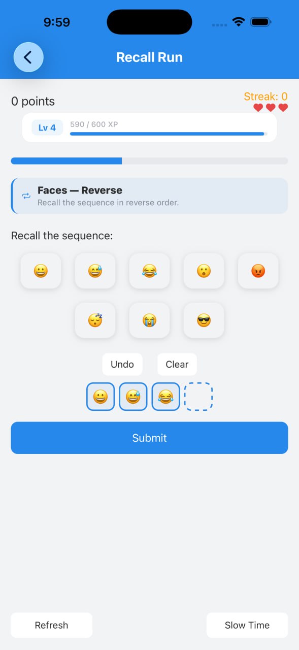 Recall Run in progress: recall a sequence of face emojis in reverse order, with level and XP bar