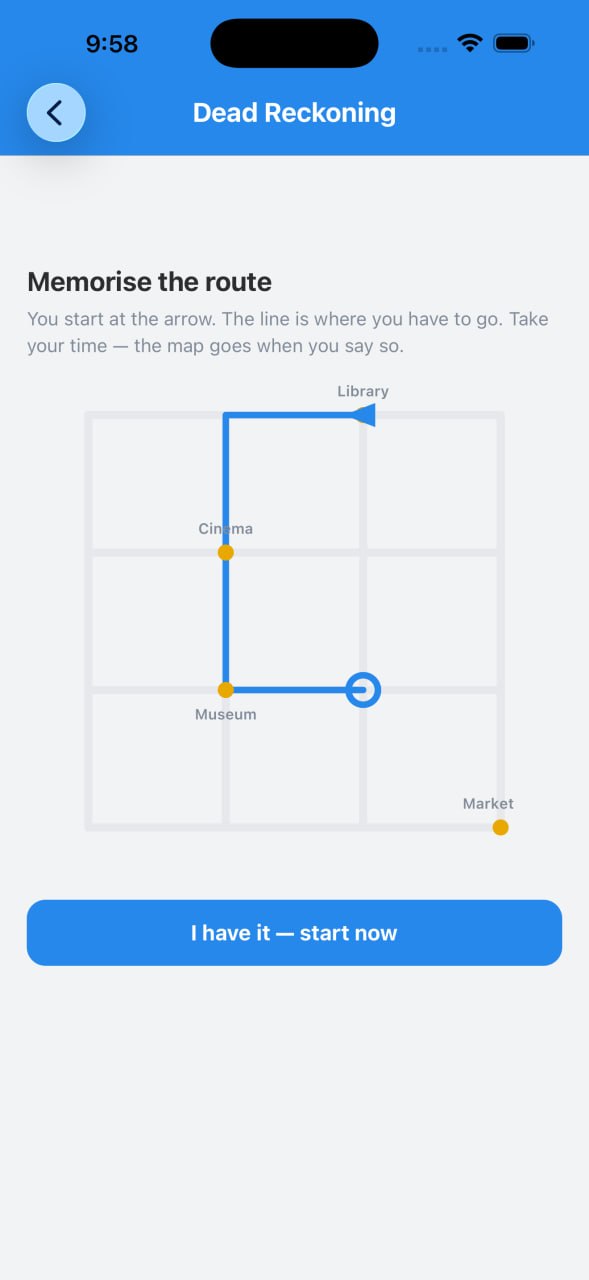 Dead Reckoning: memorise a route through a grid of landmarks